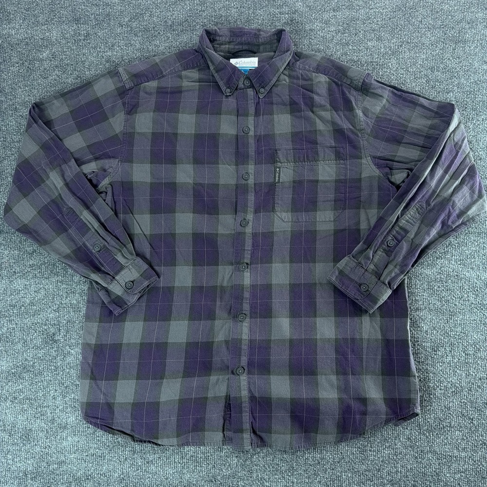 Columbia Mens Large Purple Grey Plaid Flannel Button Down Shirt Long Sleeve Fall